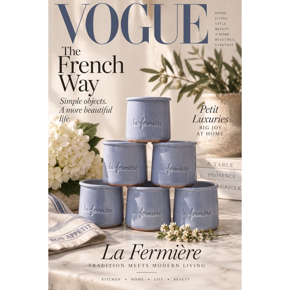 La Fermière Set of 6 Blue Terracotta Yogurt Pots French Country Cottagecore